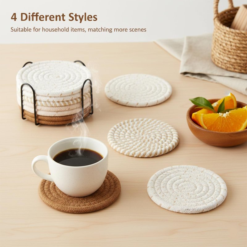 ZEXOLAP Drink Coasters Set of 8 with Holder – Cotton Woven Absorbent Coasters, 4 Colors for Coffee, Beer, Drinks & Tabletop Protection
