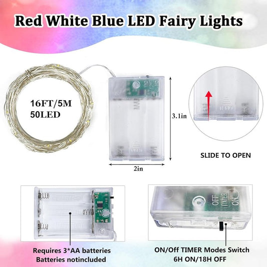 4th of July Decorations, 4 Pack Red White and Blue Fairy Lights Battery Operated with Timer, Waterproof 16FT 50 LED Starry String Lights for Independence Day 250th Anniversary Memorial Day Home Decor