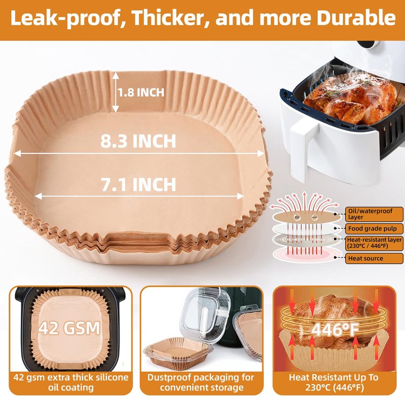 Air Fryer Paper Liners for 4 qt / 5 qt / 6 qt, Thickened Square Disposable Liner Compatible with Ninja/Chefman/Cosori/Instant Pot and other 4q-6qt Airfryer (8.3'' on Top)
