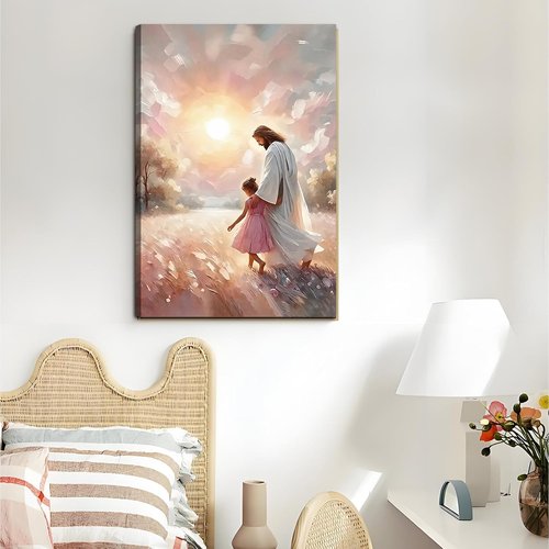 Jesus & Children Canvas Art Print - Soft Pink Sunset Wall Decor for Nursery | 16x24 in