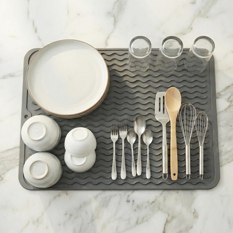 MicoYang Silicone Dish Drying Mat for Kitchen Counter or Sink, Refrigerator or Drawer Liner, Easy Clean, Eco-Friendly, Heat-Resistant, Grey, 16 inches x 12 inches