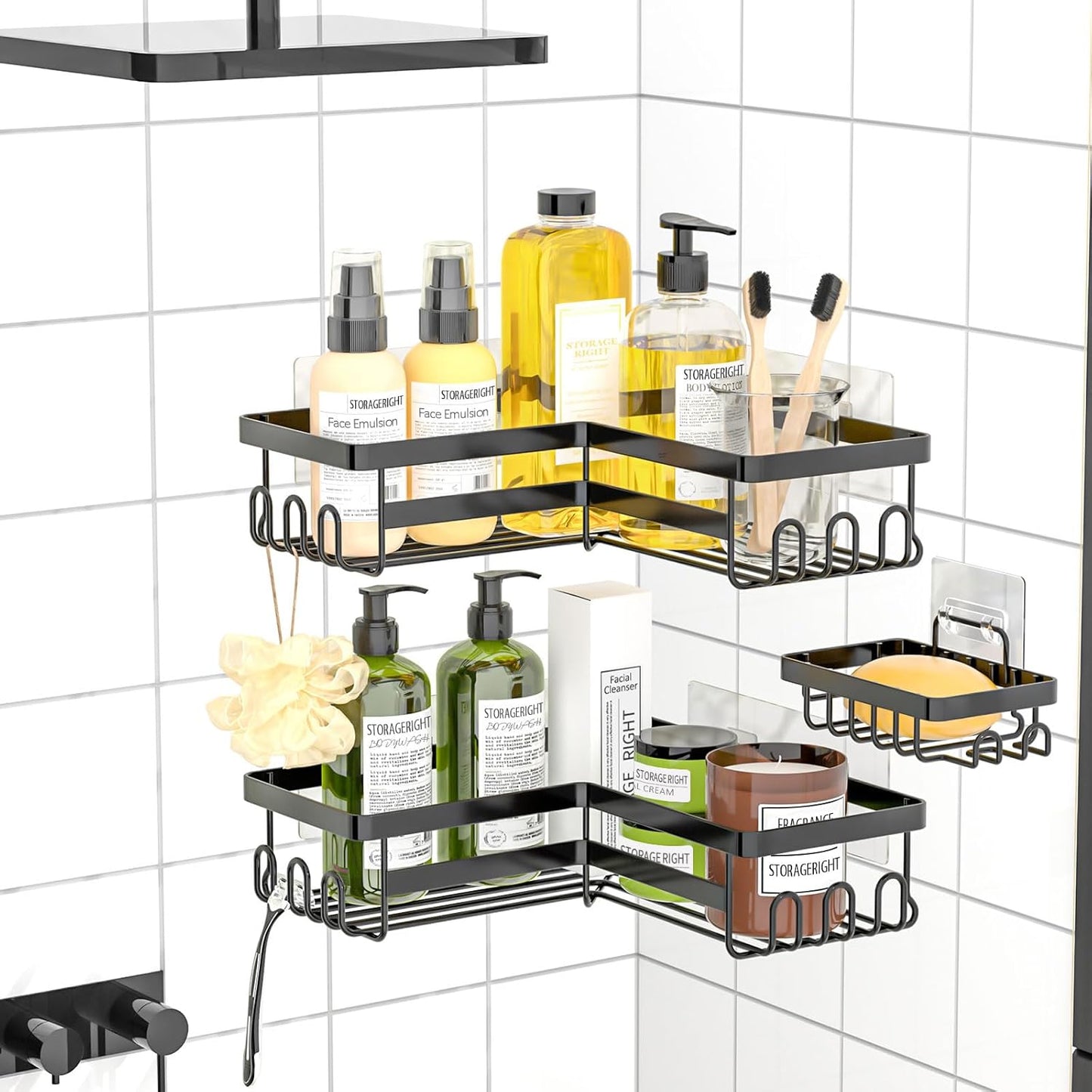 StorageRight Corner Shower Caddy - 3 Pack Adhesive Bathroom Organizer with Soap Holder & Hooks | No Drilling, Stainless Steel