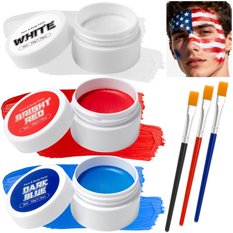 TonJin White Red Blue Face Body Paint Set 5.28oz,Non-Toxic Professional Facepaint Makeup Kit with 3 Brushes for 4th of July USA Independence Day Football Softball Players Clown Spiderman
