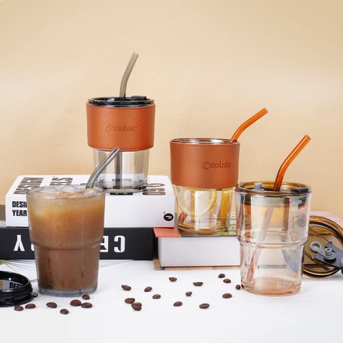 Colnic Iced Coffee Cup, 15 oz Glass Cups With Lids And Straws, Iced Coffee Glasses Tumbler, Thick Wall Mug For Tea Water With 2 Straw And Leather Sleeve, Glass Tumbler Gifts