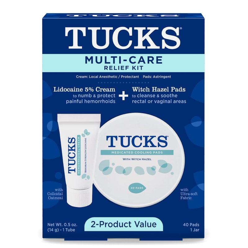 Tucks Multi-Care Relief Kit – 40 Count Witch Hazel Pads & 0.5 oz. Lidocaine Cream - Protects from Irritation, Hemorrhoid Treatment Medicated Pads Used by Hospitals