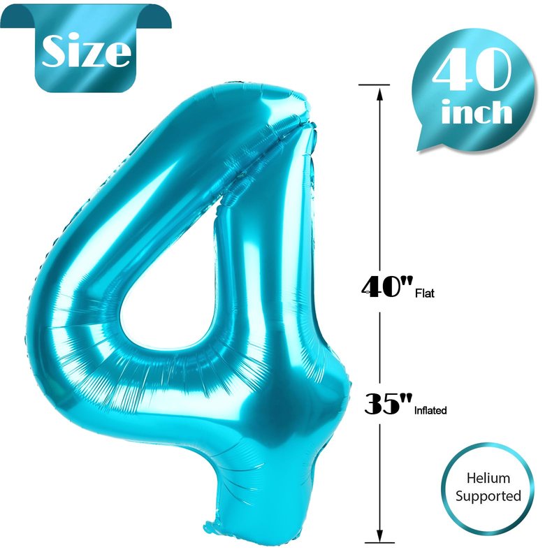 Light Blue Number 4 Balloon 40 Inch, 4th Birthday Party Decorations for Children, Giant 4 Foil Balloon for Party Supplies