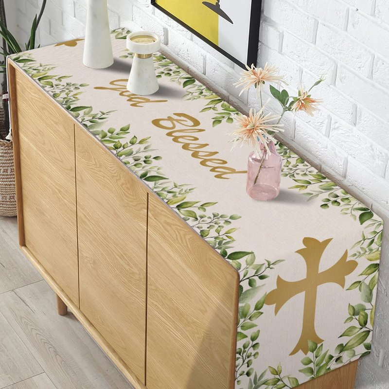Pudodo Baptism Table Runner God Blessed First Communion Christian Cross Baby Shower Party Kitchen Dining Home Decoration (13" x 72", Green)