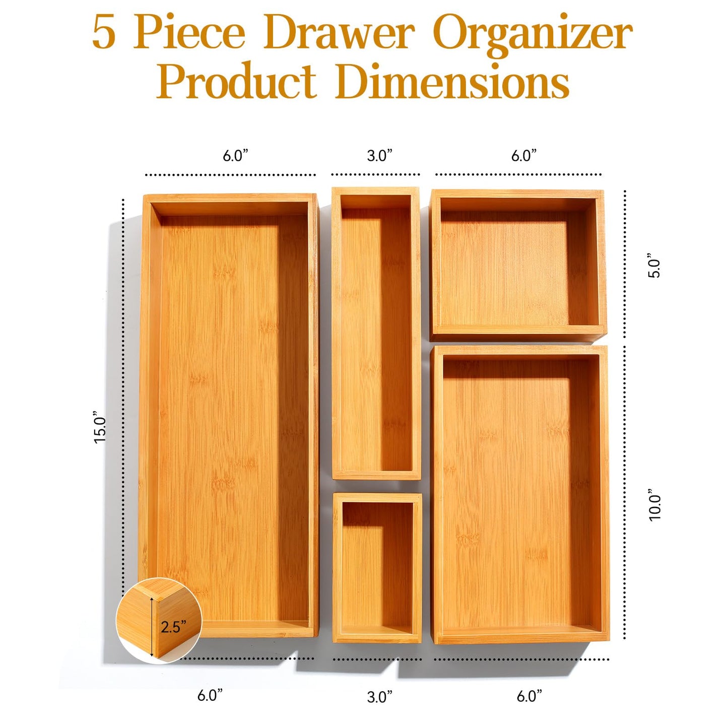 Secura Kitchen Drawer Utensil Organizer Box Set 𝟱 𝗣𝗮𝗰𝗸, Bamboo Utensil Holder Cutlery Makeup Silverware Jewelry Flatware Organization Tray for Kitchen, Bathroom, Office and Living Room