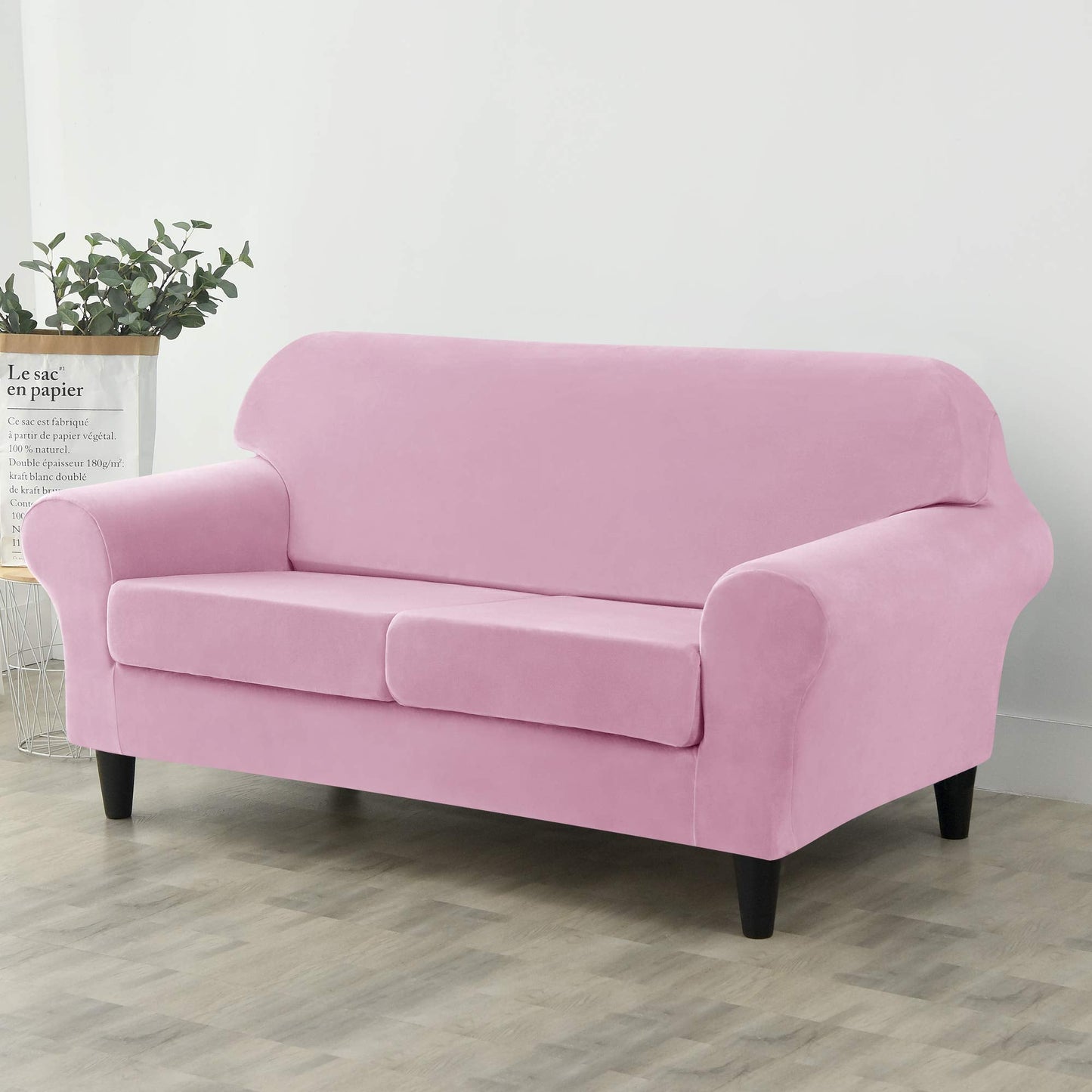 CONRUSER Stretch Sofa Slipcover, Soft Velvet Sofa Covers for 2 Cushion Couch Thick Furniture Protector for Pets & Kids (Pink, M)