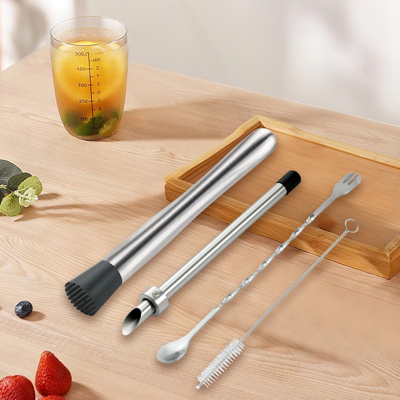 4Pcs Straw Puncher and Muddler Spoon Set 304 Stainless Steel Straw Hole Puncher for Plastic Lids Lemonade Cups Tools for Lemonade Stands Supplies