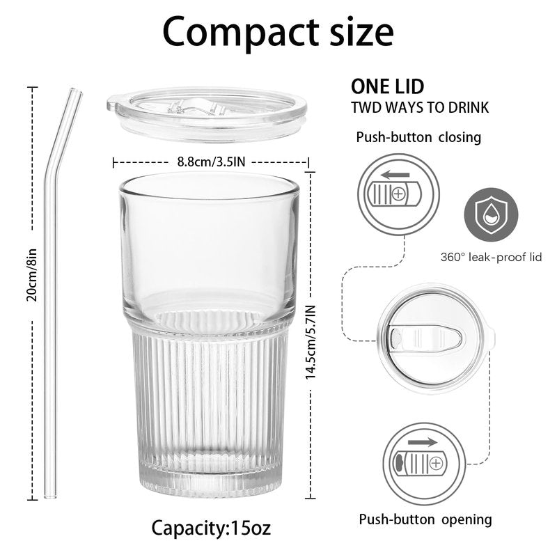 Luiaiog 18.5oz Glass Cups with Lids and Straws - Set of 2 Reusable Tumblers, Thickened Shatter-Resistant Glass, Ideal for Iced Coffee, Smoothies, Cocktails, Juices - Elegant & Durable Drinkware