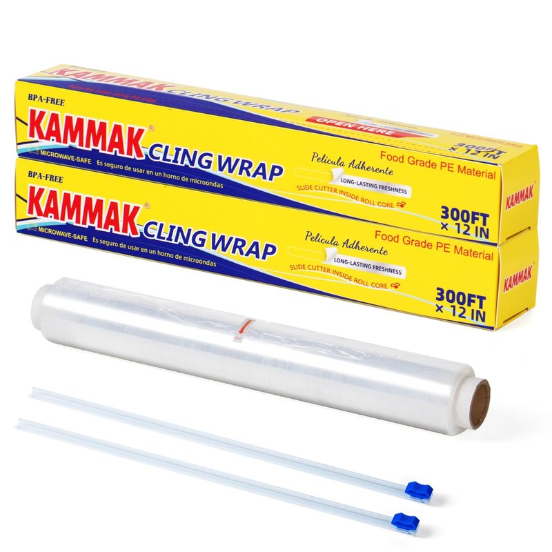 KAMMAK Plastic Wrap with Slide Cutter Food Cling Wrap 12 Inch Kitchen Cling Film BPA-Free Microwave-Safe 300 Ft Roll Food Service Film Quick Cut for Restaurant (2 Pack)
