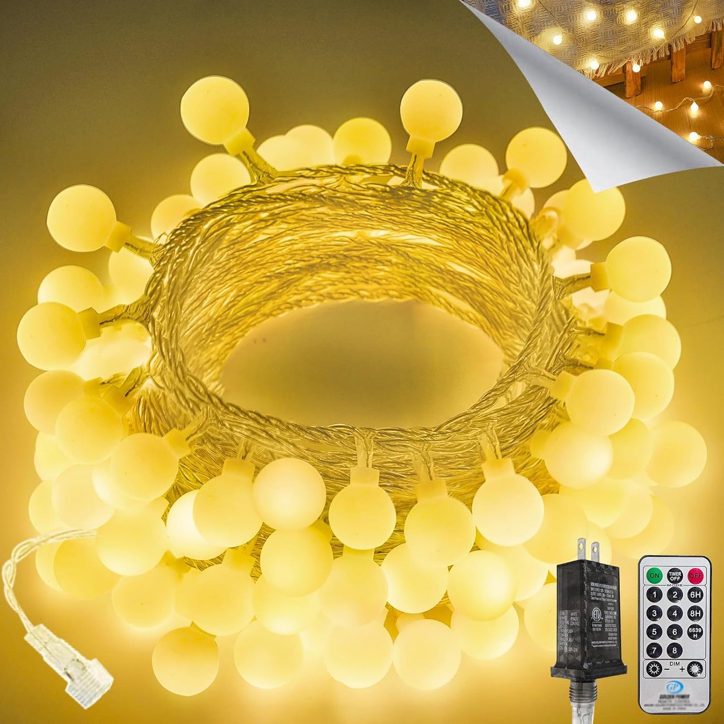 LORRYTE 43FT Connectable Globe String Lights - 100 LED Warm White with Remote | 8 Modes for Indoor/Outdoor Decor