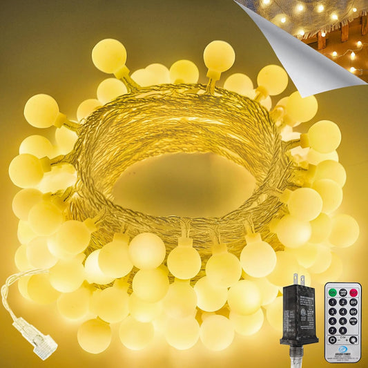 LORRYTE 43FT Connectable Globe String Lights - 100 LED Warm White with Remote | 8 Modes for Indoor/Outdoor Decor