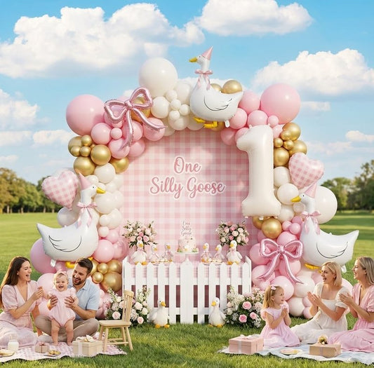 One Silly Goose 1st Birthday Decorations Girl – 40 Inch Number 1 Balloon, Goose Balloons with Pink Bow & Hats, Cute Baby Girl First Birthday Party Supplies