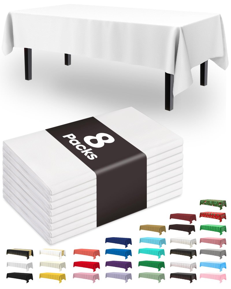 Pureegg Plastic Table Cloth Disposable 8 Pack, 54 x 108 Inch Table Cloths, Party, Picnic, Wedding, Decorative Tablecloths, Rectangle, White Plastic Cover, Leakproof & Sturdy, White