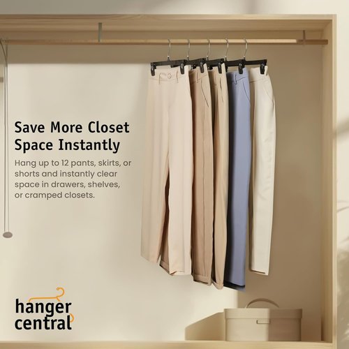 Hanger Central 12 Inch Slim Pants Hangers - Heavy Duty Non-Slip Clips for Skirts & Shorts | 12 Pack - Black