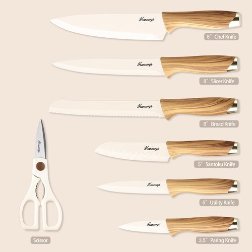 Hancorys Knife set, 13 Pieces Kitchen Knives Set, Nonstick Ceramic Anti-Rust Coating and Blade Guard, Holiday Gifts for Kitchen, Camping Essentials