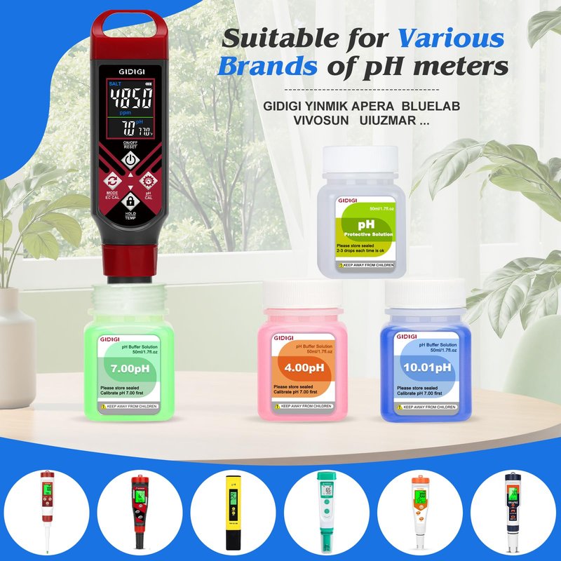 pH Calibration Solution Kit (4,7,10 pH Buffer Solution) & pH Electrode Storage Solution 3 * 50ml pH Buffer Calibration Solution + KCl pH Probe Storage Solution for All pH Meters with High Accuracy