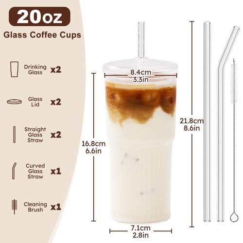 GOSCHE Glass Cups with Lids and Straws, 20oz Glass Cups Drinking Jar, Clear Iced Coffee Cups, Vintage Ripple Glass Tumbler for Water Coffee Tea, Clear, 2Pcs