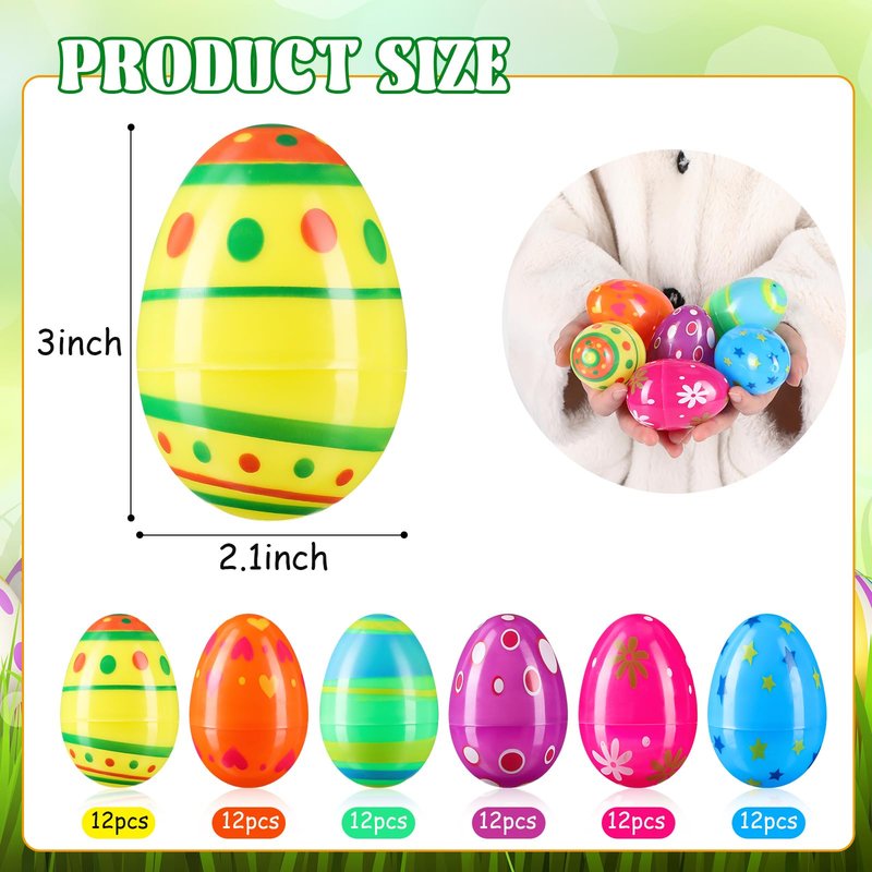 RoundFunny 72 Pcs Fillable Easter Eggs Empty Plastic Eggs Bright Basket Stuffers Easter Hunt Game Party Favor Boys Girls Classroom Toys Stuffers (3'')