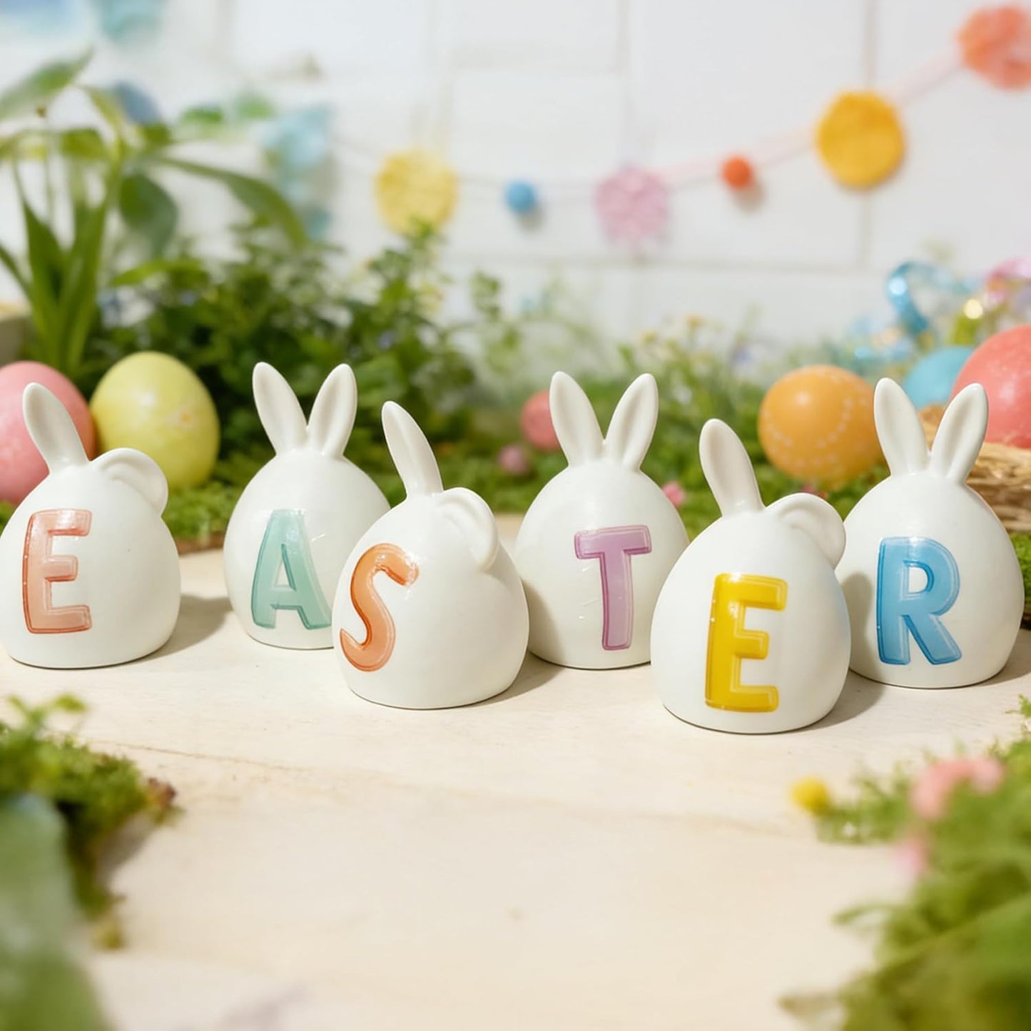 Nerosun Easter Bunny Decorations - 6 Pack Ceramic Lighted Rabbit Figurines | Spring Table Centerpiece