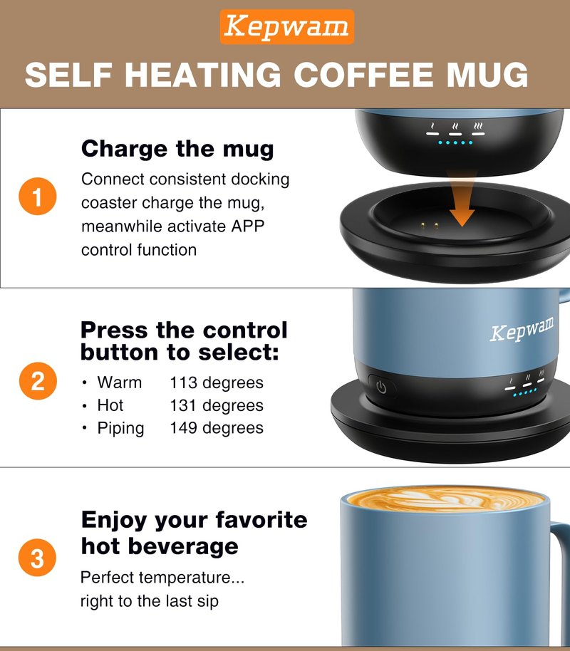 Kepwam Self-Heating Coffee Mug T1-16oz, Fast Heating Rechargeable Heated Coffee Mug, Smart Mug with App & Button Control, Ideal Gift for Coffee Lovers & Hot Drink Enthusiasts