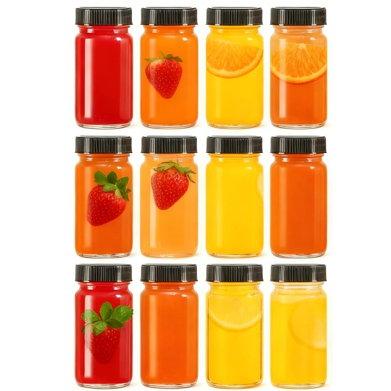 12 Pack 2 oz Glass Shot Mini Bottles with Black Lids - Reusable Leakage-Proof Small Clear Jar for Ginger, Wellness Shot, Juice, Sample, Whiskey, Essentials - Wide Mouth Containers, Dishwasher Safe