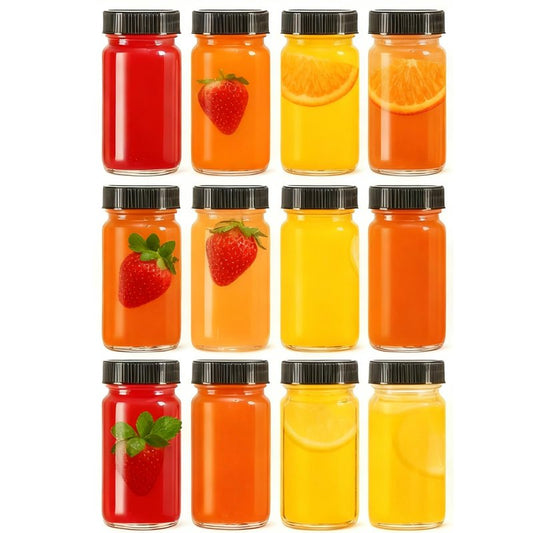 12 Pack 2 oz Glass Shot Mini Bottles with Black Lids - Reusable Leakage-Proof Small Clear Jar for Ginger, Wellness Shot, Juice, Sample, Whiskey, Essentials - Wide Mouth Containers, Dishwasher Safe