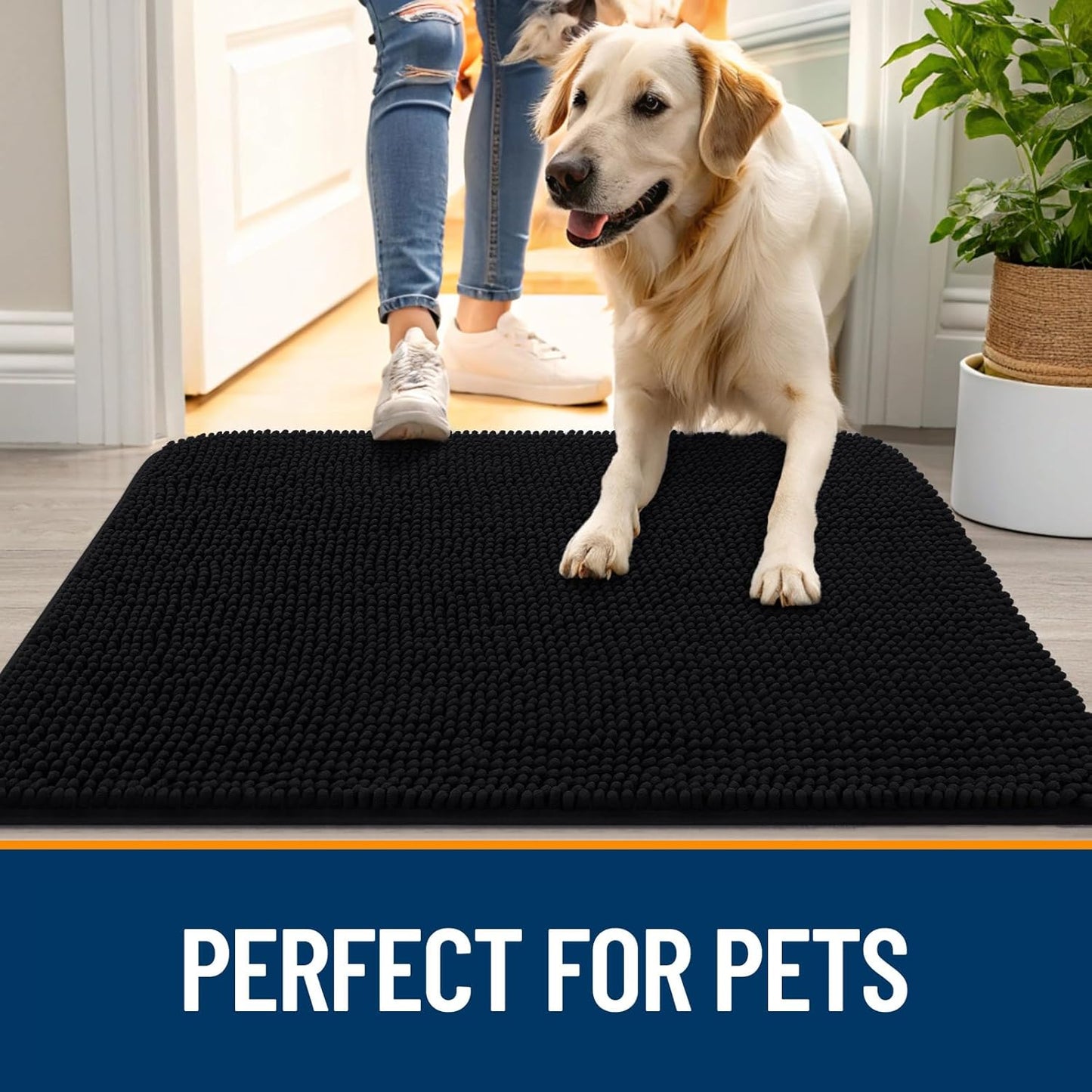 OLANLY Dog Door Mat - Absorbent Non-Slip Chenille Mat for Muddy Paws | 45x27 Inches, Quick Dry, Black