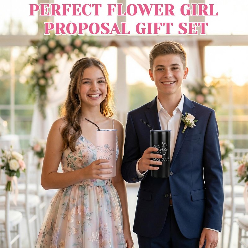 UzYlquw 2 Pcs Flower Girl Gift and Ring Bearer Tumbler Set, 16 oz Stainless Steel Insulated Water Bottle with Lids and Straws, Wedding Proposal Gifts for Bridal Party Favors
