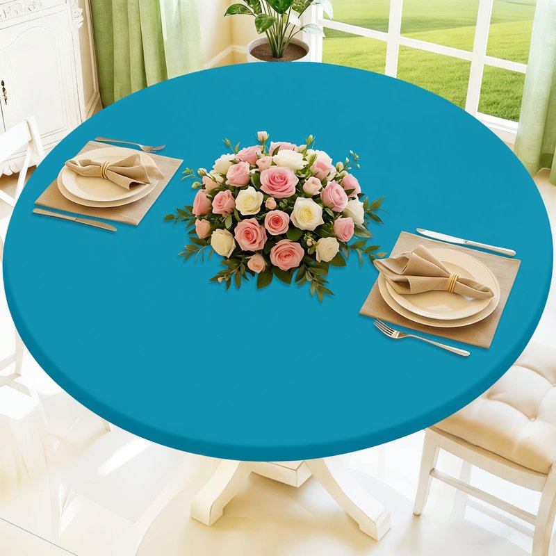 Moosfor Round Spandex Tablecloth, Elastic Fitted Waterproof Tablecloths for 25"-30" Tables, Stretch Washable Picnic Table Cover for Camping, Dining, Indoor and Outdoor, Turquoise
