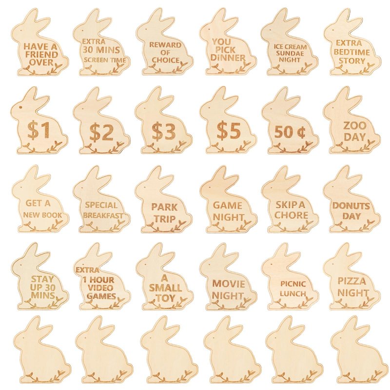 CypherX Easter Egg Fillers- Wood Easter Reward Tokens, Easter Prizes Stuffers Coins, Family Night Tokens, 24 Redeemable Tokens+6 Blank DIY Tokens, Unique Family Easter Egg Hunt Activities- Bunny