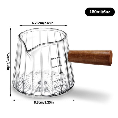 Espresso Measuring Cup 6 Oz, Espresso Glass Cups with Wood Handle, Milk Frothing Cup, Espresso Cup for Coffee, Milk, Tea or Maple Syrup Serving