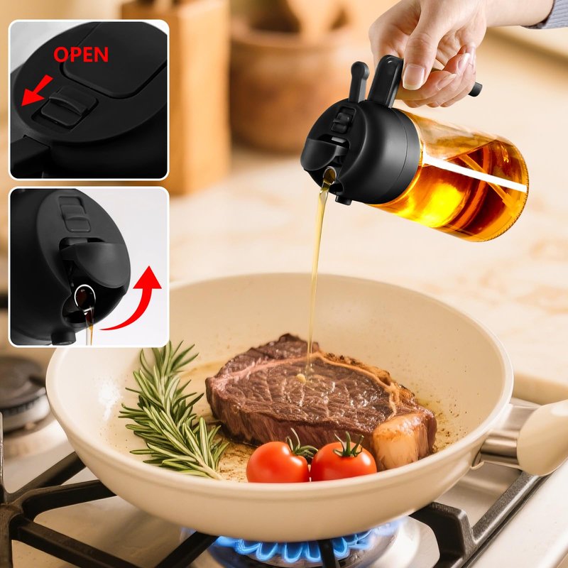 SWEET VIEW Olive Oil Sprayer for Cooking, 16oz/470ml Glass Oil Dispenser/Pour Bottle, Kitchen Accessories, Kitchen Gadgets for Air Fryer, Salad, BBQ, with Stickers (Black)