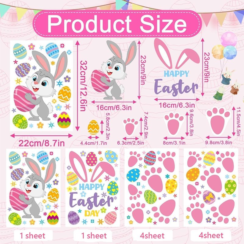 AUGSUN 275PCS Easter Bunny Footprint Stickers Set for Floor, Rabbit Footprints Easter Stickers with Eggs Flower Patterns, 48PCS Bunny Paw Prints for Egg Hunting Holiday Party Window Floor Decoration