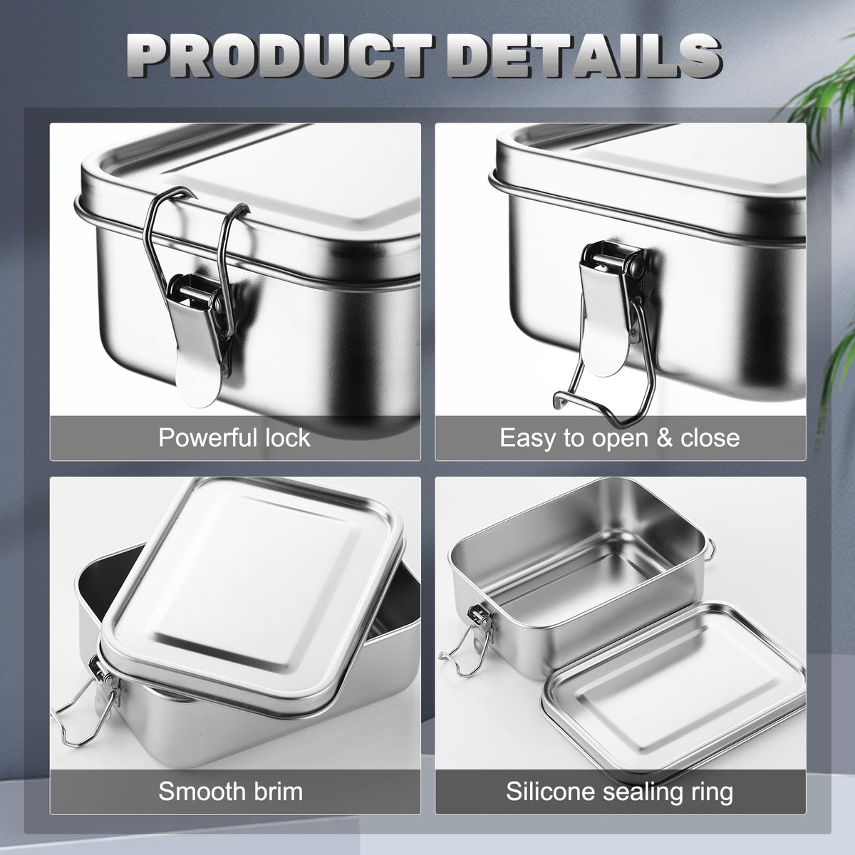 Umigy 4 Pcs Stainless Steel Food Containers 1000 ml Metal Bento Lunch Box Stainless Steel Food Storage Containers, Lockable Clips to Leak Proof, Reusable Dishwasher Snack Boxes for Work