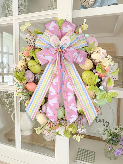 BUVANE Easter Wreath Bow - Large Burlap Bunny Bow for Indoor/Outdoor Holiday Decor | Pink