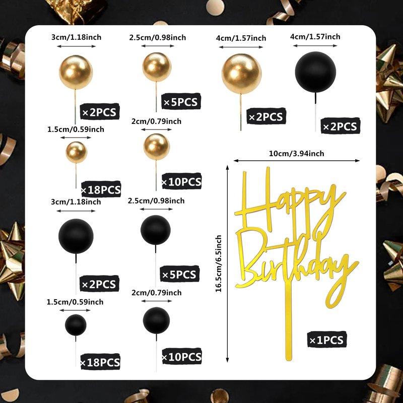 75 PCS Black and Gold Cake Decorations Balls Happy Birthday Insert Cards for DIY Cake Decoration Baby Shower Wedding Birthday Party