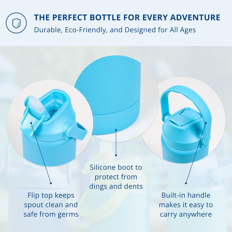 Re-Play 12 oz Water Bottle for Kids - Vacuum-Insulated Stainless Steel Tumbler with Flip-Straw, Silicone Base and Handle - Spill and Leak-Proof Design, Dishwasher and Freezer Safe, Aqua Assorted