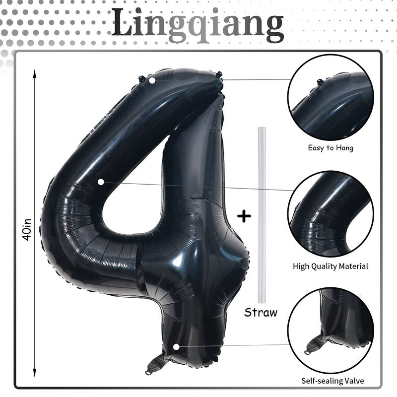 Black Number Balloons, 40inch Large Number 4 Foil Mylar Helium Balloons, Self Inflating Number Balloons 0-9 for Men Boys 4th 40th Birthday Anniversary Party Graduation Celebration Decoration Supplies