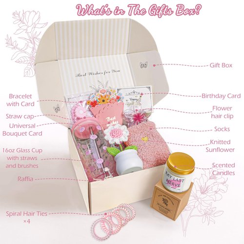 Happy Birthday Gifts for Teen Girls Women, Unique Mothers Day Gifts for Mom, Gift Baskets for Her Self Care Thank You Get Well Present Set for Teacher, 14pcs Cute Rose Box Girlfriend Wife (Pink)