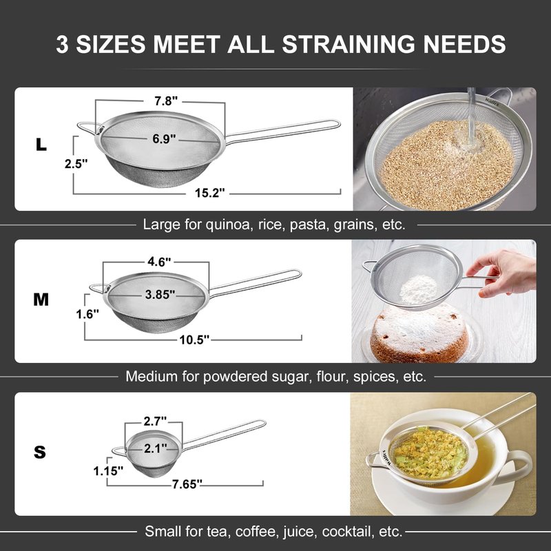 Walfos Fine Mesh Strainers Set, Premium Stainless Steel Colanders and Sifters, with Reinforced Frame Sturdy Handle, Perfect for Sift, Strain, Drain Rinse Vegetables, Pastas Tea - 3 Sizes
