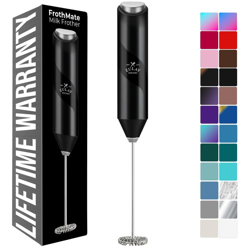 Zulay Kitchen Powerful Milk Frother Wand - Handheld Stainless Steel - Battery Operated Drink Mixer for Coffee, Lattes, Cappuccino, Matcha - Froth Mate Frother Gift - Midnight Black