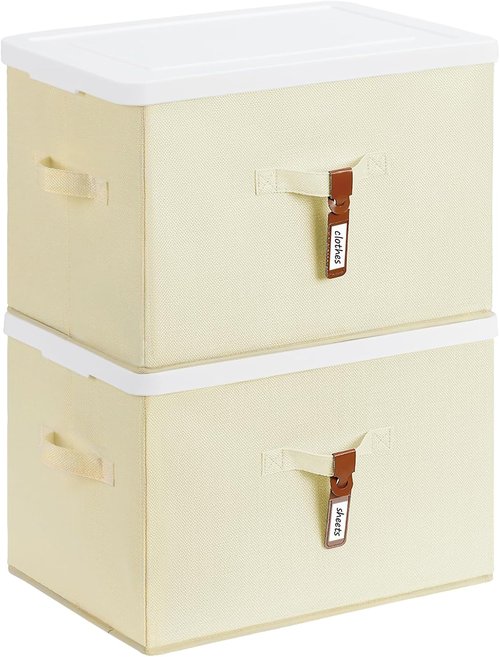 Homsorout Large Clothes Storage Bins - Decorative Organizers with Lids & Labels | 2 Pack in Beige Yellow