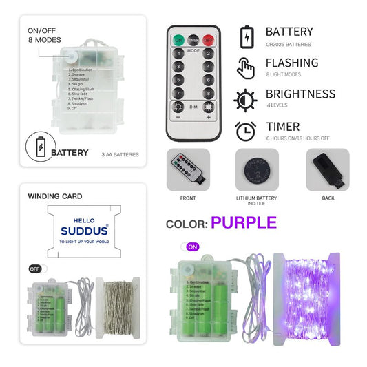 suddus Hallowee Fairy Lights Battery Operated, 33ft 100 LED Fairy Lights with Remote, Purple String Lights for Outside, Porch, Home, Backyard, Window, Yard, Garland, Party Decorations