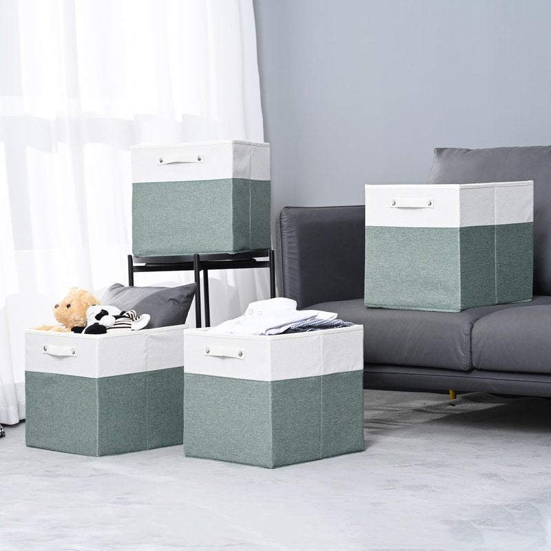 FinishingBo 13 x 13 Inch Fine Linen Storage Bins with Handles，Fabric Cube Boxs，Basket Organizers for Shelves for Home, Closet Drawers (White/Green-4 Pack )