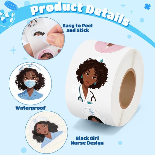 CNhoqc Nurses Week Sticker Rolls - 1000 Pcs Black Girl Magic Nursing Student Waterproof Vinyl Reusable Laptop Stickers Coloring Book Scrapbook Water Bottle Page Activity Pad Nursing Party Favors Gift