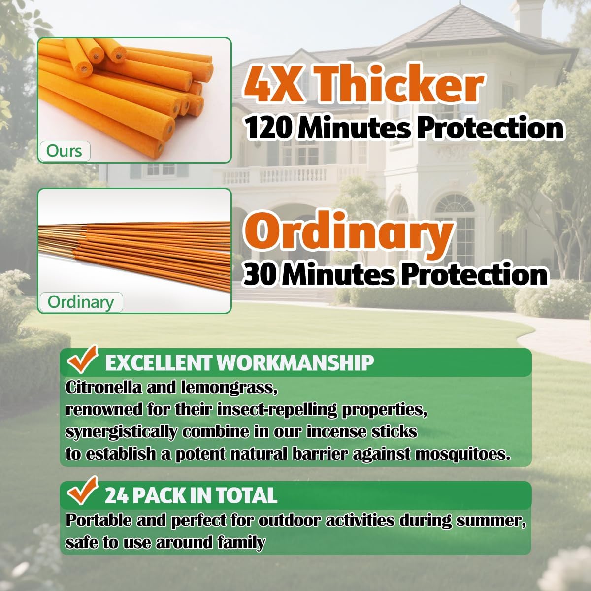 Skiennix Extra Large Mosquito Repellent Sticks - 24 Pack with Natural Citronella Oil | Long-Lasting 2-Hour Burn Time for Indoor & Outdoor Use