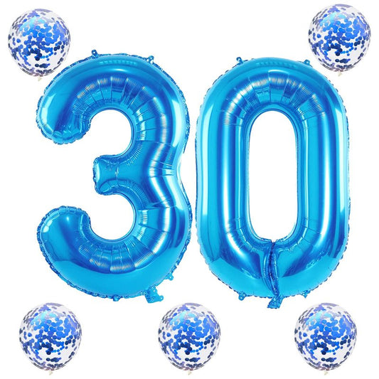40 Inch Number 30 Foil Balloons, Large Blue 30th Birthday Digital Balloons with Blue Confetti Helium Balloons, Number 0 and 3 Helium Balloons Self Inflating for Men Women Anniversary Party Decorations